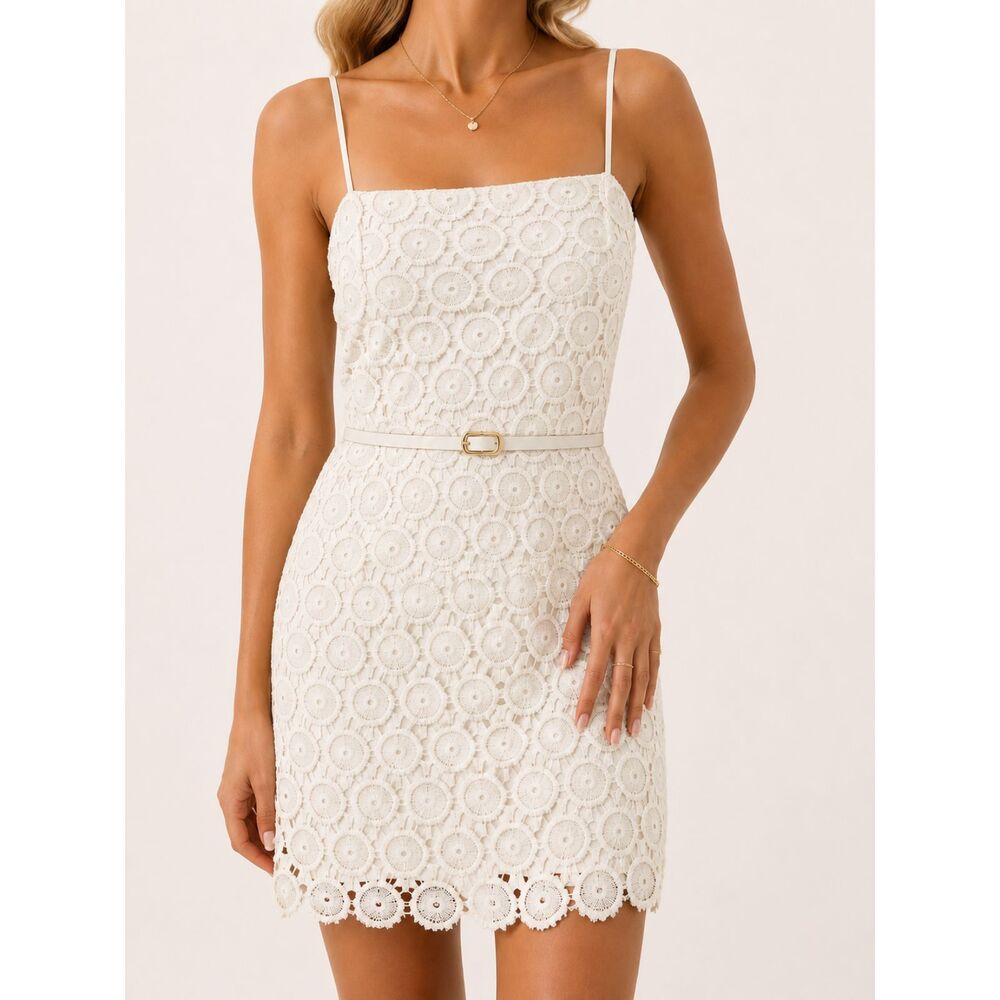 Trina Turk Ivory Eyelet Lace Sheath Dress Belted‎ Cotton Silk 4 Homecoming